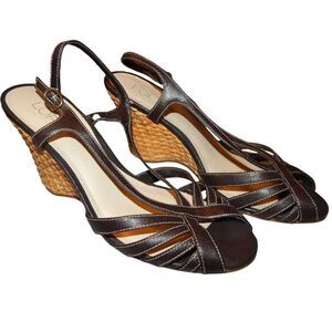 ANN TAYLOR LOFT women's 6 1/2 brown faux-leather slingback strap wedge sandals